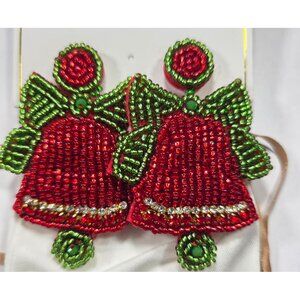 Beaded Earrings red green christmas bells Holiday Jewelry gift statement festive